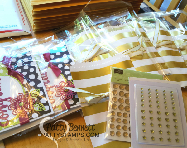 Sunshine Wishes congrats card idea featuring Support Ribbon & Sunshine Wishes framelits, with Whole Lot of Lovely designer paper. Cards for the Luv 2 Stamp group demonstrator title promotions by Patty Bennett