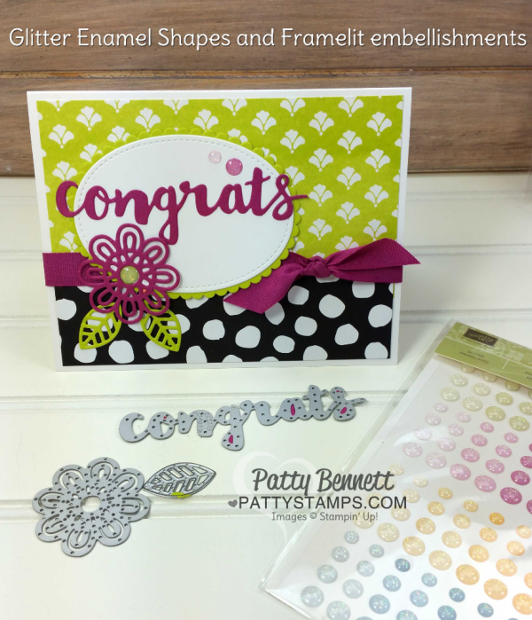 Sunshine Wishes congrats card idea featuring Support Ribbon & Sunshine Wishes framelits, with Whole Lot of Lovely designer paper. Cards for the Luv 2 Stamp group demonstrator title promotions by Patty Bennett