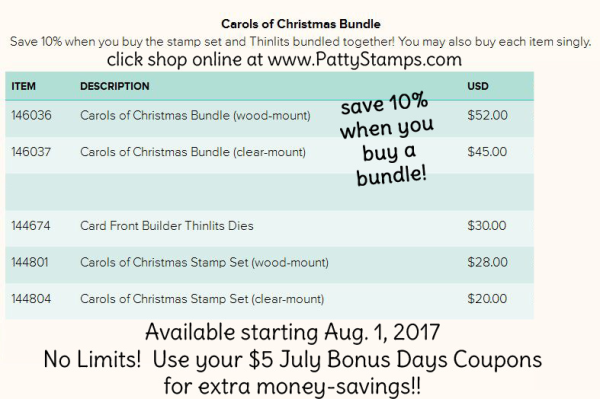 Stampin Up! Carols of Christmas stamp set and Card Front Builder framelits bundle - early release purchase opportunity August 1, 2017. 