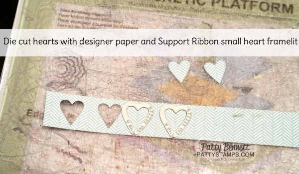 Stamping tip: Use up scraps when die cutting small images like the heart from the Support Ribbon framelits. Stampin Up! supplies available: click shop online at www.pattystamps.com Stamping tip: Use up scraps when die cutting small images like the heart from the Support Ribbon framelits. Stampin Up! supplies available: click shop online at www.pattystamps.com