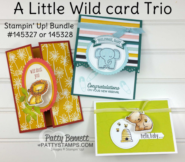 Card trio with Welcome Baby Elephant, Hello, Baby bear and A Little Wild Lion Gate Fold Card featuring Stampin' UP! A Whole Lot of Lovely designer paper by Patty Bennett