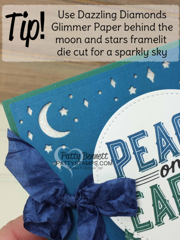 Dazzling Diamonds Glimmer paper tip for the Carols of Christmas Stampin' UP! Holiday catalog Peace on Earth pine tree card featuring embossing paste and glitter snowy trees by Patty Bennett
