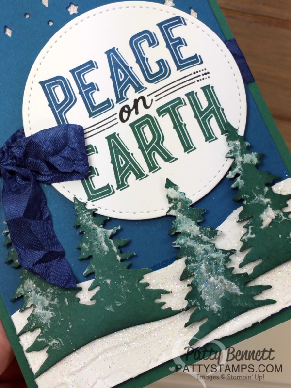 Carols of Christmas Stampin' UP! Holiday catalog Peace on Earth pine tree card featuring embossing paste and glitter snowy trees by Patty Bennett