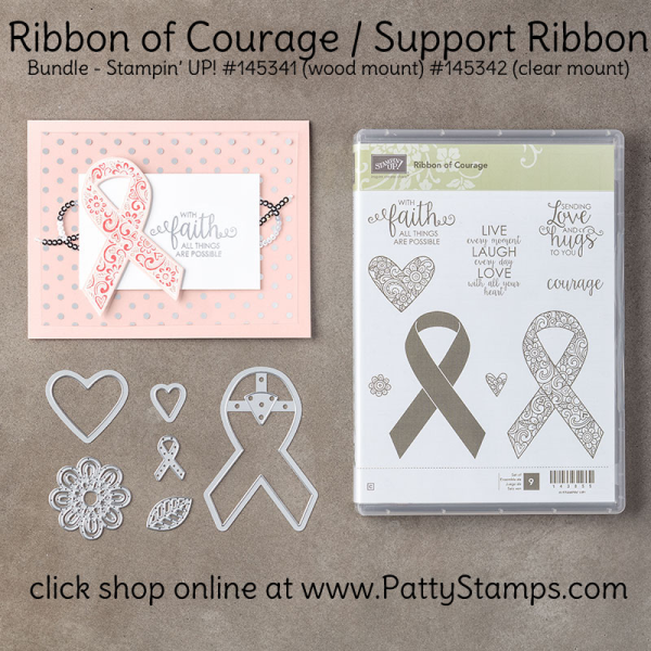 145342 Stampin' UP! Ribbon of Courage stamp set and Support Ribbon framelit bundle available online. click shop online at www.PattyStamps.com