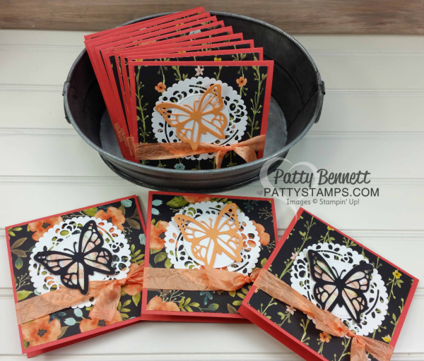 Stampin' Up! Butterfly cards featuring Move Me thinlits set, A Whole Lot of Lovely and Delightful Daisy paper. Make your own doily using the Window box and Layering Circle framelits! Cards by Patty Bennett