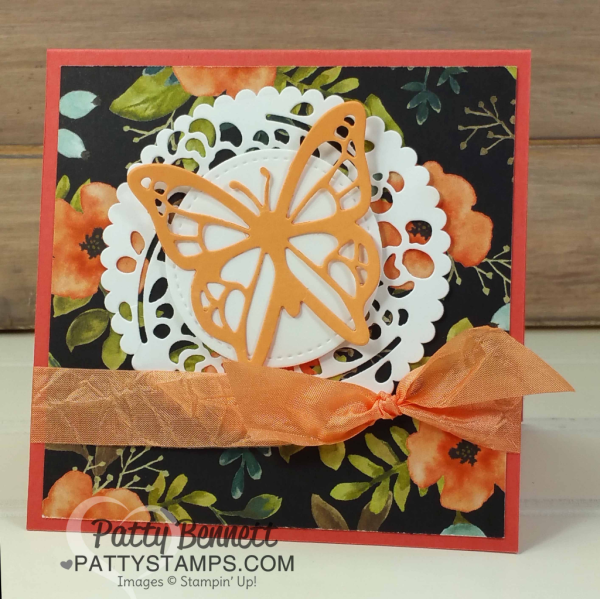 Stampin' Up! Butterfly cards featuring Move Me thinlits set and Whole Lot of Lovely paper. Make your own doily using the Window box and Layering Circle framelits! Cards by Patty Bennett