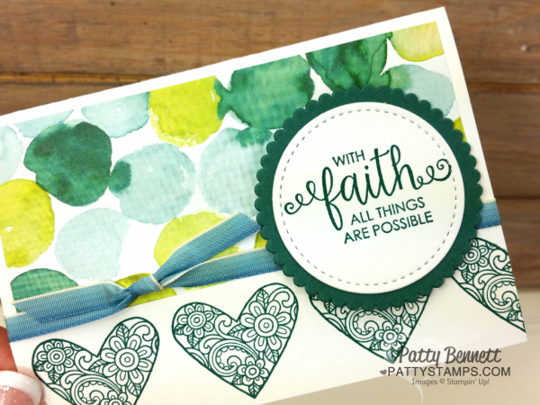 Ribbon of Courage note card idea featuring Stampin' UP! Naturally Eclectic paper, and Tranquil Tide hearts, by Patty Bennett