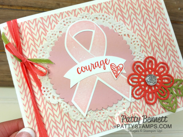 Ribbon of Courage card idea featuring Stampin' Up! Bundle of Love paper, and pink breast cancer ribbon, by Patty Bennett