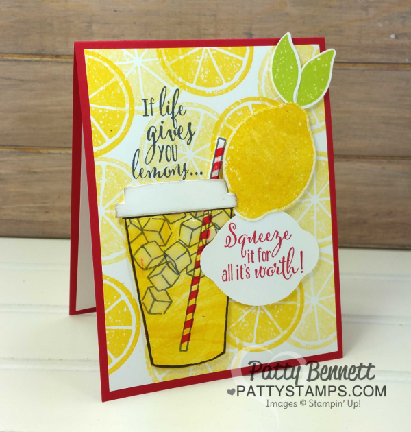 Lemonade cup card featuring Stampin' Up! Lemon Zest and Coffee Cafe bundles.  Marbled stamp background is great for "swirling" lemonade in the cup. By Patty Bennett