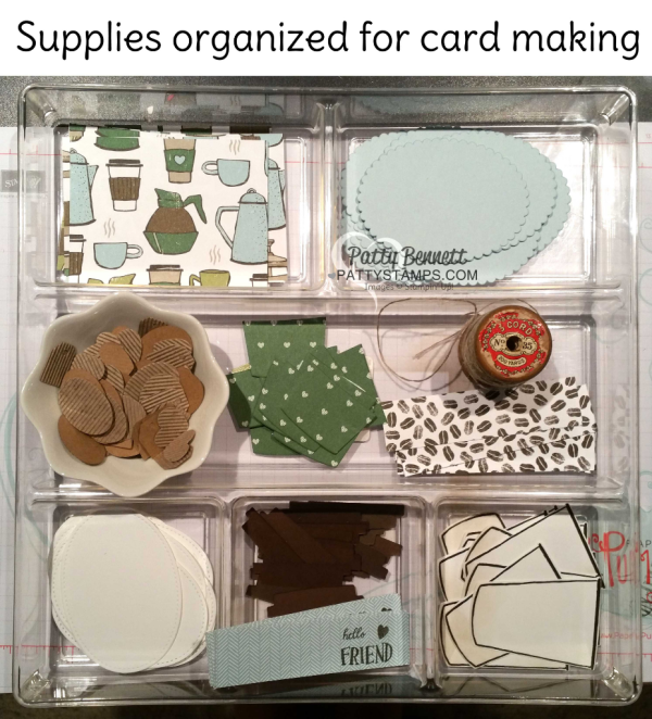 Organized supplies for Coffee Cafe cards featuring coffee cup die cut from Stampin' UP!. Hello Friend cards created by Patty Bennett for the Luv 2 Stamp Group. Organized supplies for Coffee Cafe cards featuring coffee cup die cut from Stampin' UP!. Hello Friend cards created by Patty Bennett for the Luv 2 Stamp Group.