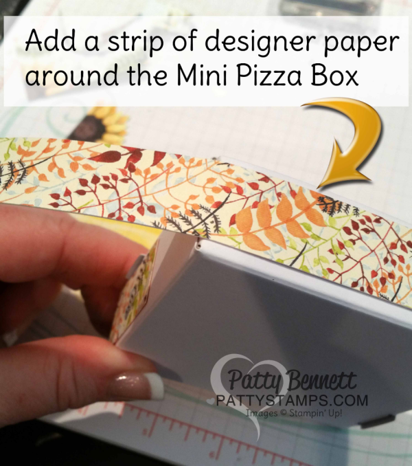 Mini Pizza Box - pg 44 Holiday Catalog - decorated with Stampin' UP! Painted Autumn designer paper, by Patty Bennett