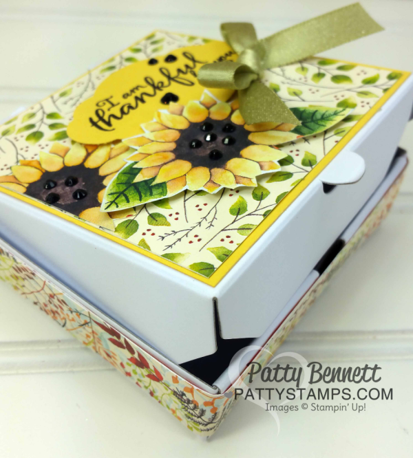 Mini Pizza Box - pg 44 Holiday Catalog - decorated with Stampin' UP! Painted Autumn designer paper and black rhinestones, by Patty Bennett