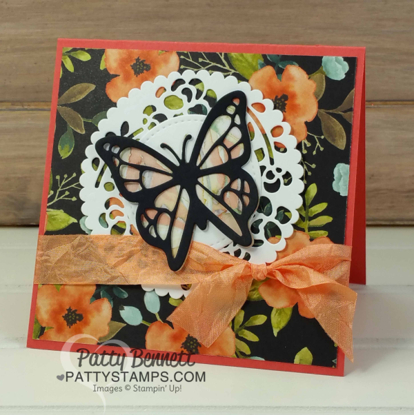 Stampin' Up! Butterfly cards featuring Move Me thinlits set, A Whole Lot of Lovely and Delightful Daisy paper. Make your own doily using the Window box and Layering Circle framelits! Cards by Patty Bennett