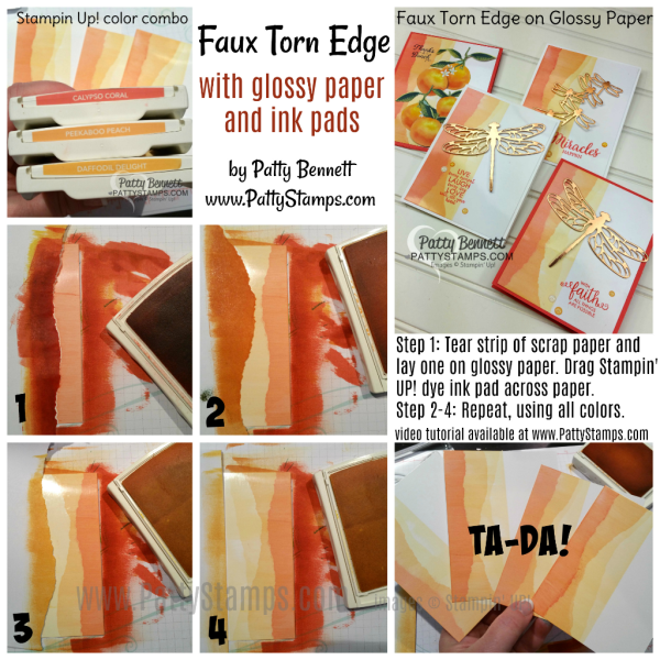Faux Torn Edge featuring glossy paper and Stampin' Up! ink pads.  Card ideas and "how to" tutorial by Patty Bennett