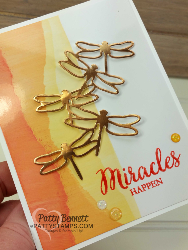 Faux Torn Edge featuring glossy paper and Stampin' Up! ink pads with Copper Foil die cut dragonfly and So Many Shells stamp set.  Card ideas and "how to" tutorial by Patty Bennett