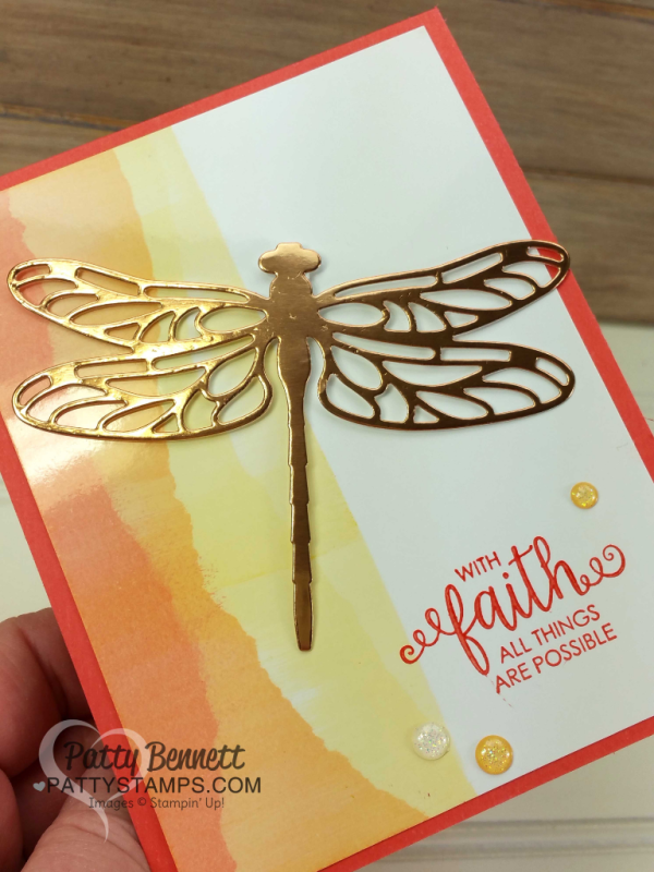 Faux Torn Edge featuring glossy paper and Stampin' Up! ink pads with Copper Foil die cut dragonfly and Ribbon of Courage stamp set.  Card ideas and "how to" tutorial by Patty Bennett