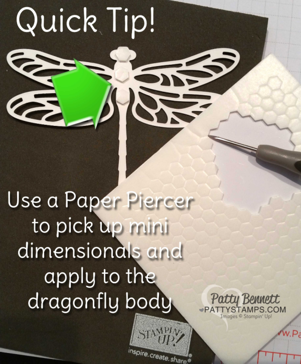 Quick tip for using Stampin' UP! Mini Dimensionals for the Detailed Dragonfly thinlit die cuts on your cards and crafty diy projects.