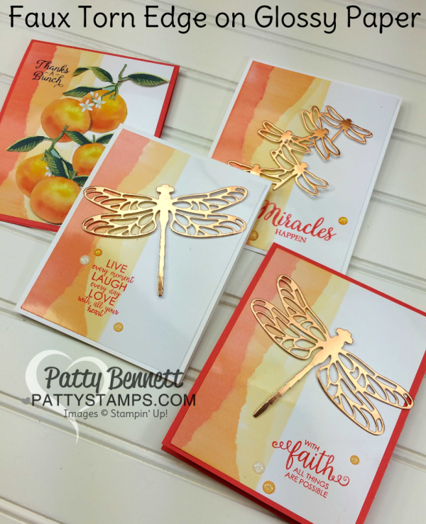 Faux Torn Edge card ideas featuring glossy paper and ink pads from Stampin' UP! by Patty Bennett