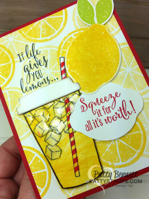 Lemonade cup card featuring Stampin' Up! Lemon Zest and Coffee Cafe bundles.  Marbled stamp background is great for "swirling" lemonade in the cup. By Patty Bennett