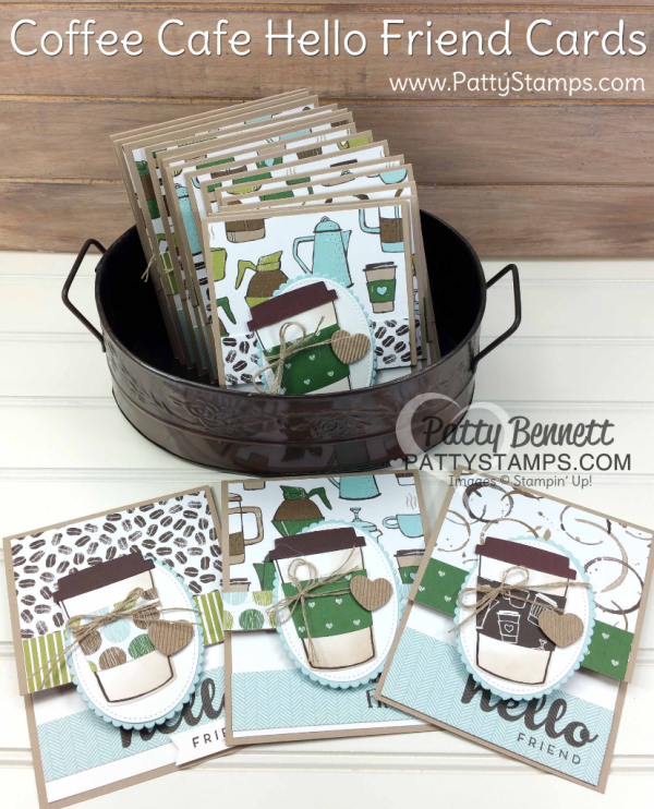 Coffee Cafe cards featuring coffee cup die cut from Stampin' UP!. Hello Friend cards created by Patty Bennett for the Luv 2 Stamp Group. Coffee Cafe cards featuring coffee cup die cut from Stampin' UP!. Hello Friend cards created by Patty Bennett for the Luv 2 Stamp Group.