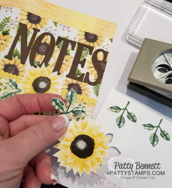 Stamp Painted Harvest sunflower and punch leaves for Painted Autumn designer paper with sunflowers from the Stampin' UP! 2017 Holiday catalog - clear mount stamp case note pad holder by Patty Bennett