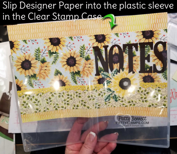 Painted Autumn designer paper with sunflowers from the Stampin' UP! 2017 Holiday catalog - clear mount stamp case note pad holder by Patty Bennett