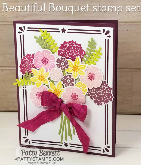 Beautiful Bouquet Stampin' Up! stamp set card idea featuing die cut frame from the Holiday Catalog Card Front Builder thinlit set. 