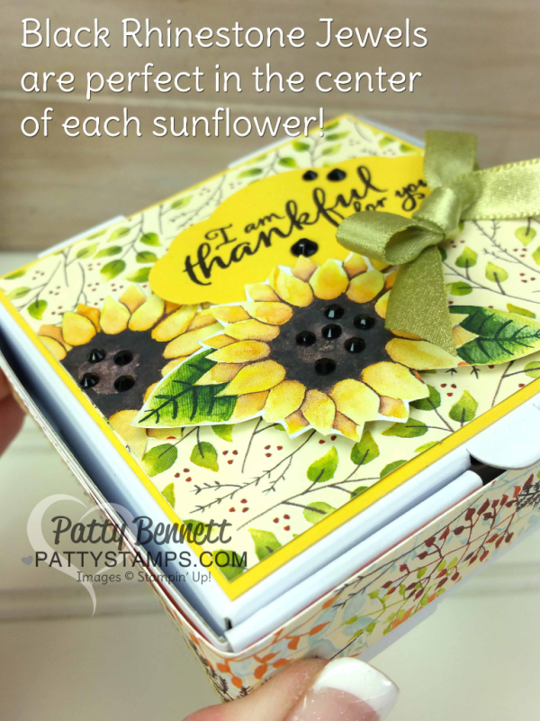 Mini Pizza Box - pg 44 Holiday Catalog - decorated with Stampin' UP! Painted Autumn designer paper and black rhinestones, by Patty Bennett