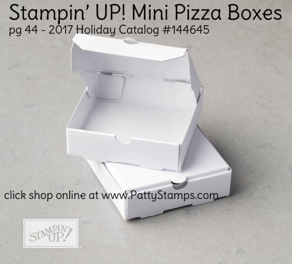 144645 Mini Pizza Box from Stampin' UP! 2017 Holiday catalog. Click shop online at www.pattystamps.com