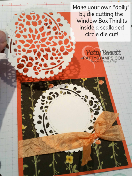 Stampin' Up! Butterfly cards featuring Move Me thinlits set, A Whole Lot of Lovely and Delightful Daisy paper. Make your own doily using the Window box and Layering Circle framelits! Cards by Patty Bennett