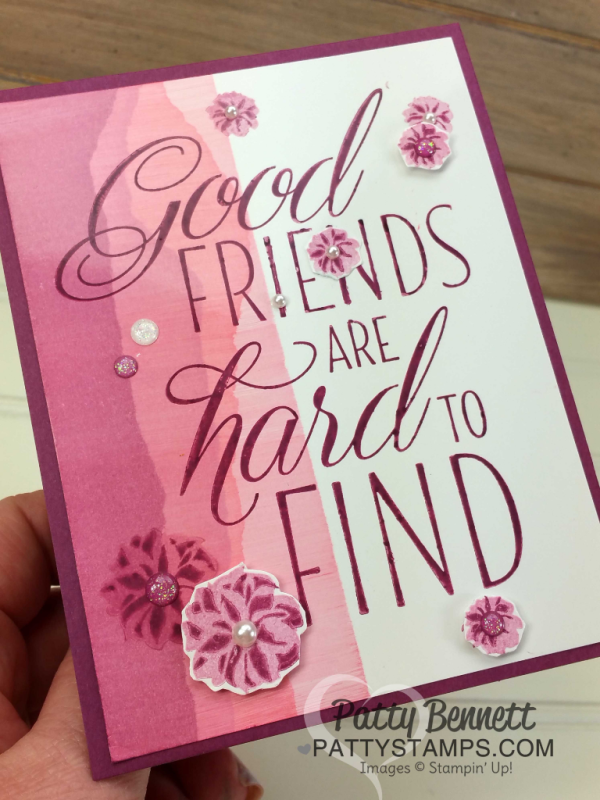 Faux Torn Edge featuring glossy paper and Stampin' Up! ink pads and Lovely Friends stamp set.  Card ideas and "how to" tutorial by Patty Bennett