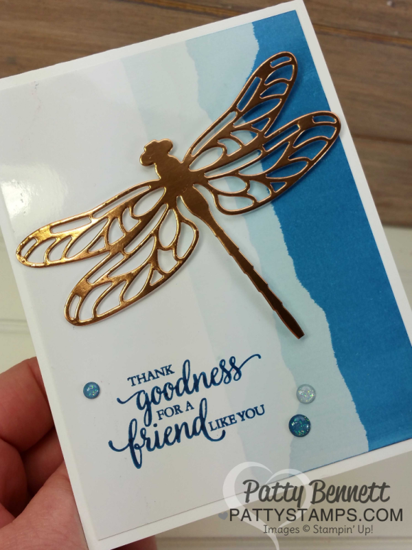 Faux Torn Edge featuring glossy paper and Stampin' Up! ink pads with Copper Foil die cut dragonfly and So Many Shells stamp set.  Card ideas and "how to" tutorial by Patty Bennett