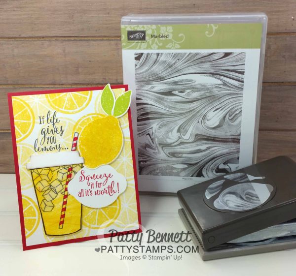Lemonade cup card featuring Stampin' Up! Lemon Zest and Coffee Cafe bundles.  Marbled stamp background is great for "swirling" lemonade in the cup. By Patty Bennett