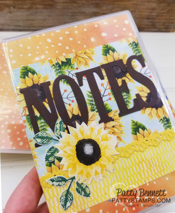Painted Autumn designer paper with sunflowers from the Stampin' UP! 2017 Holiday catalog - clear mount stamp case note pad holder by Patty Bennett