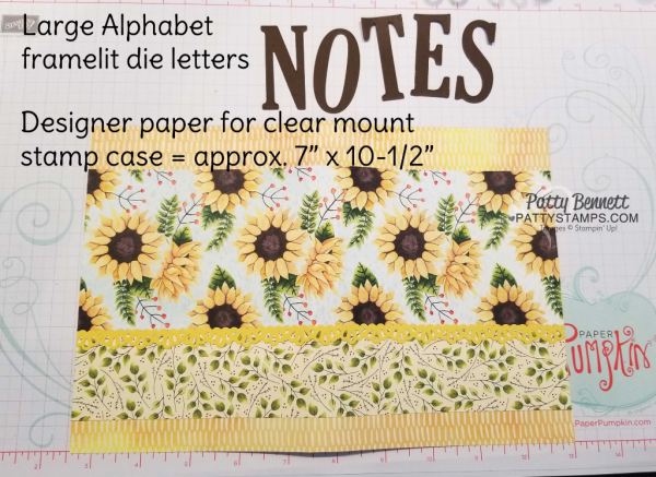 Painted Autumn designer paper with sunflowers from the Stampin' UP! 2017 Holiday catalog - clear mount stamp case note pad holder with Large Alphabet framelit die letters by Patty Bennett