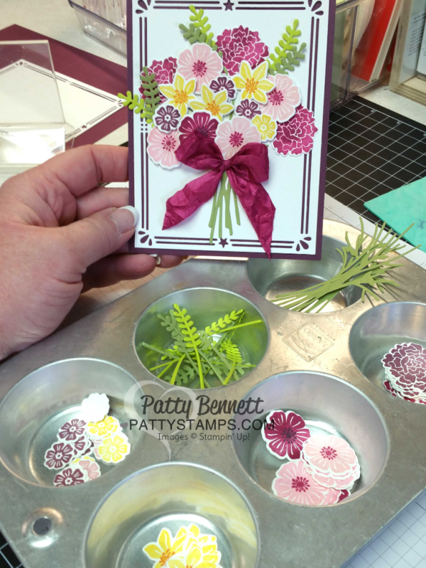 Muffin Tin organization tip for sorting and storing the flowers and die cut leaves from the Beautiful Bouquet Stampin' Up! stamp set & Bouquet Bunch framelit dies.. 