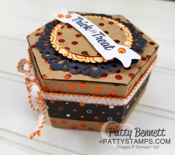 Halloween Treat featuring Stampin' UP! Window Box thinlit, metallic foil doily, Spooky Cat stamp set, and Spooky Night designer paper, by Patty Bennett