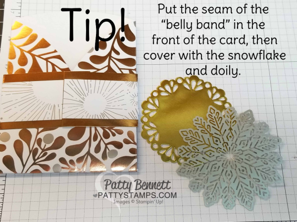 Tip for creating the Metallic Year of Cheer Stampin' Up! Christmas Card idea featuring metallic foil doilies and snowflakes, mini sequin trim and fun trifold pocket card design.
