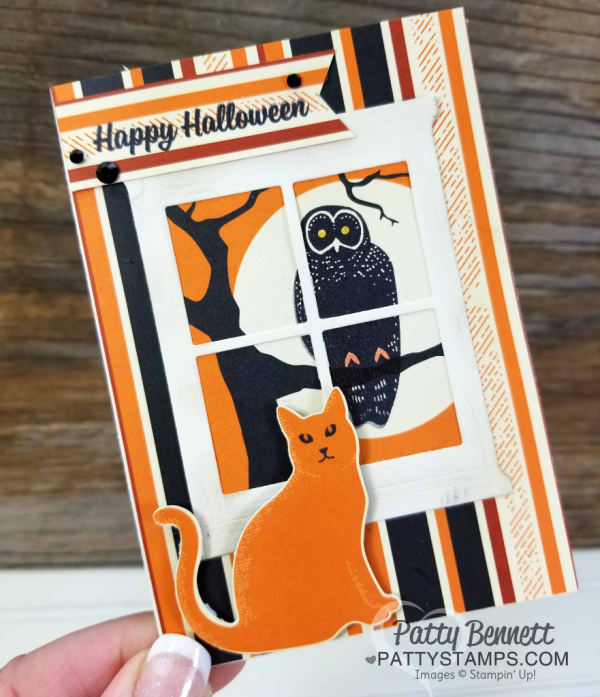Spooky Night cat punch Halloween card ideas featuring Stampin' UP! cat punch, Hearth & Home window framelit, and Spooky night paper by Patty Bennett