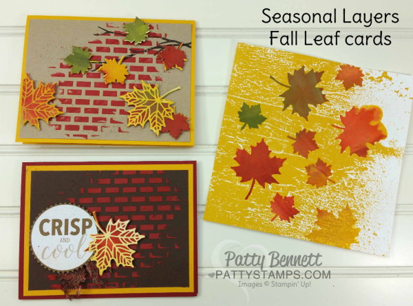 Seasonal Layers fall leaf cards featuring Stampin' UP! embossing paste and brick wall mask from the Pattern Party mask set. by Patty Bennett Seasonal Layers fall leaf cards featuring Stampin' UP! embossing paste and brick wall mask from the Pattern Party mask set. by Patty Bennett