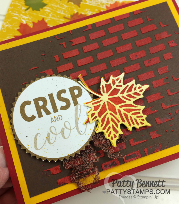 Seasonal Layers fall leaf cards featuring Stampin' UP! embossing paste and brick wall mask from the Pattern Party mask set. by Patty Bennett Seasonal Layers fall leaf cards featuring Stampin' UP! embossing paste and brick wall mask from the Pattern Party mask set. by Patty Bennett