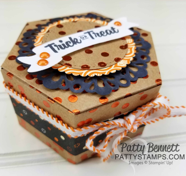 Halloween Treat featuring Stampin' UP! Window Box thinlit, metallic foil doily, Spooky Cat stamp set, and Spooky Night designer paper, by Patty Bennett
