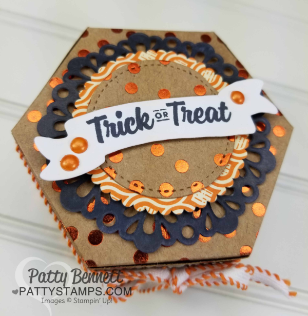 Halloween Treat featuring Stampin' UP! Window Box thinlit, metallic foil doily, Spooky Cat stamp set, and Spooky Night designer paper, by Patty Bennett