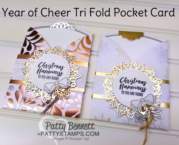 Metallic Year of Cheer Stampin' Up! Christmas Card idea featuring metallic foil doilies and snowflakes, mini sequin trim and fun trifold pocket card design.