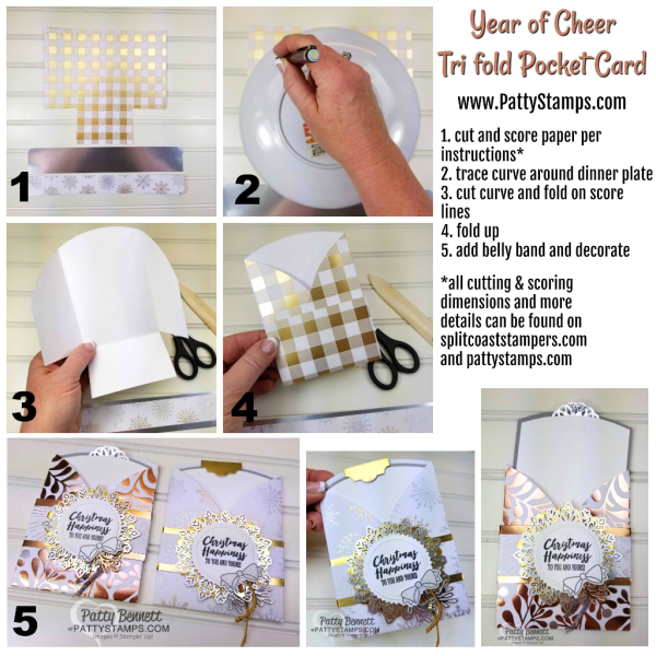 Instructions for Metallic Year of Cheer Stampin' Up! Christmas Card idea featuring metallic foil doilies and snowflakes, mini sequin trim and fun trifold pocket card design.