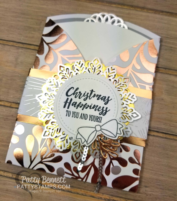 Metallic Year of Cheer Stampin' Up! Christmas Card idea featuring metallic foil doilies and snowflakes, mini sequin trim and fun trifold pocket card design.
