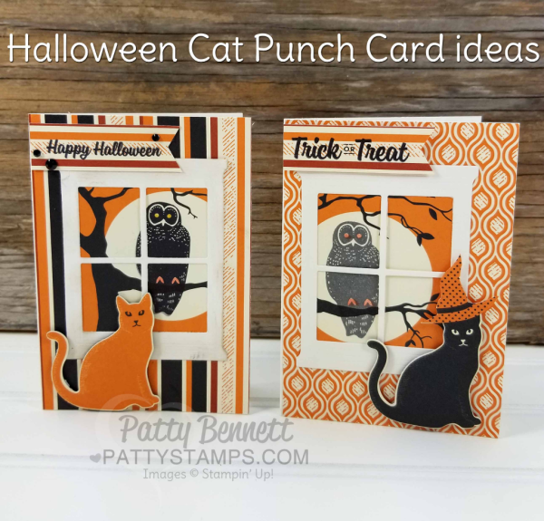 Spooky Night cat punch Halloween card ideas featuring Stampin' UP! cat punch, Hearth & Home window framelit, and Spooky night paper by Patty Bennett