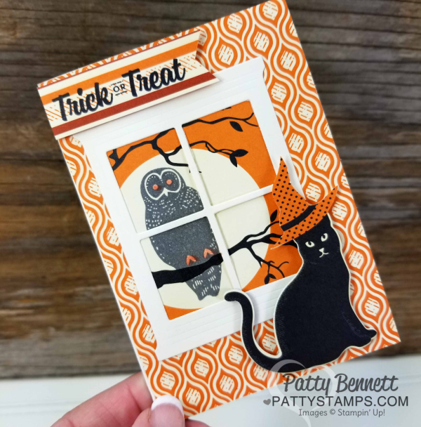 Spooky Night cat punch Halloween card ideas featuring Stampin' UP! cat punch, Hearth & Home window framelit, and Spooky night paper by Patty Bennett