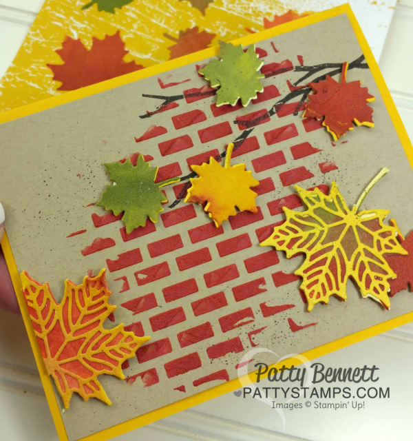 Seasonal Layers fall leaf cards featuring Stampin' UP! embossing paste and brick wall mask from the Pattern Party mask set. by Patty Bennett Seasonal Layers fall leaf cards featuring Stampin' UP! embossing paste and brick wall mask from the Pattern Party mask set. by Patty Bennett