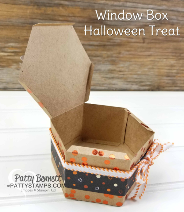 Halloween Treat featuring Stampin' UP! Window Box thinlit, metallic foil doily, Spooky Cat stamp set, and Spooky Night designer paper, by Patty Bennett
